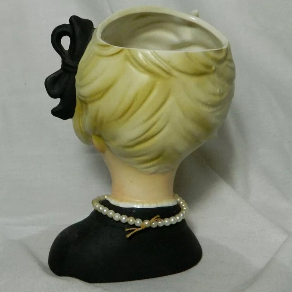 Napcoware 8496 Headvase Head Vase Blonde Wearing Black with Pearls! - Picture 4 of 10